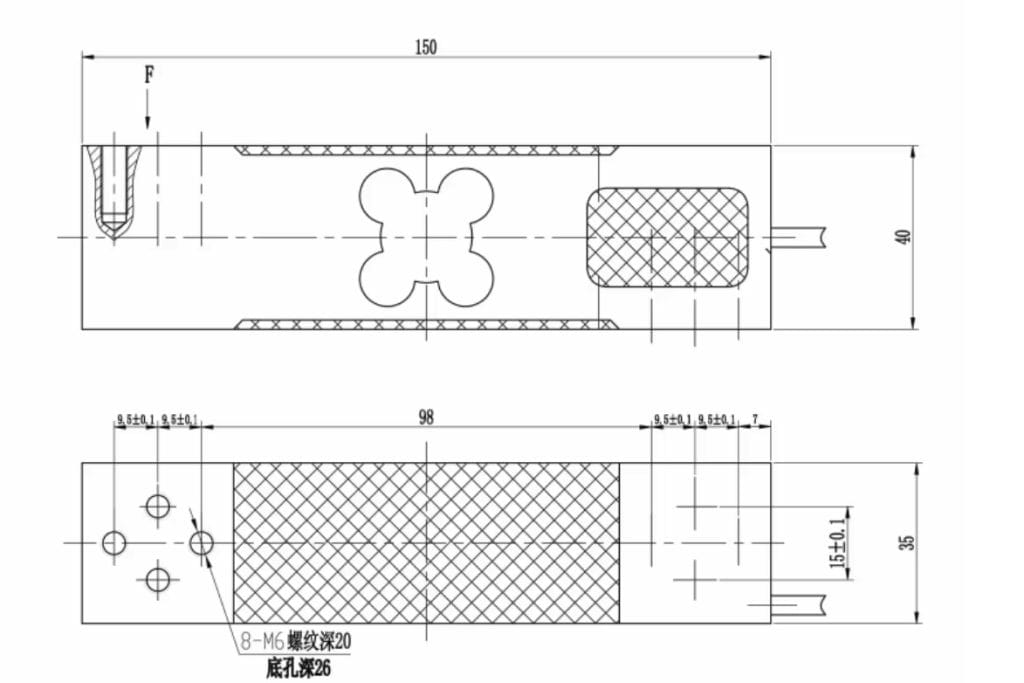 Mechanical drawing with installation dimensions in millimeters for the CZL638 parallel beam load cell.