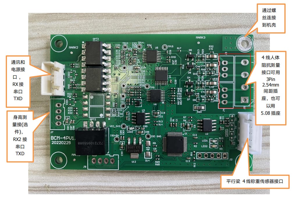 Interface connection diagram for the iBodyinfo BCM-4P module, labeling the ports for impedance, load cell, communication, and power.