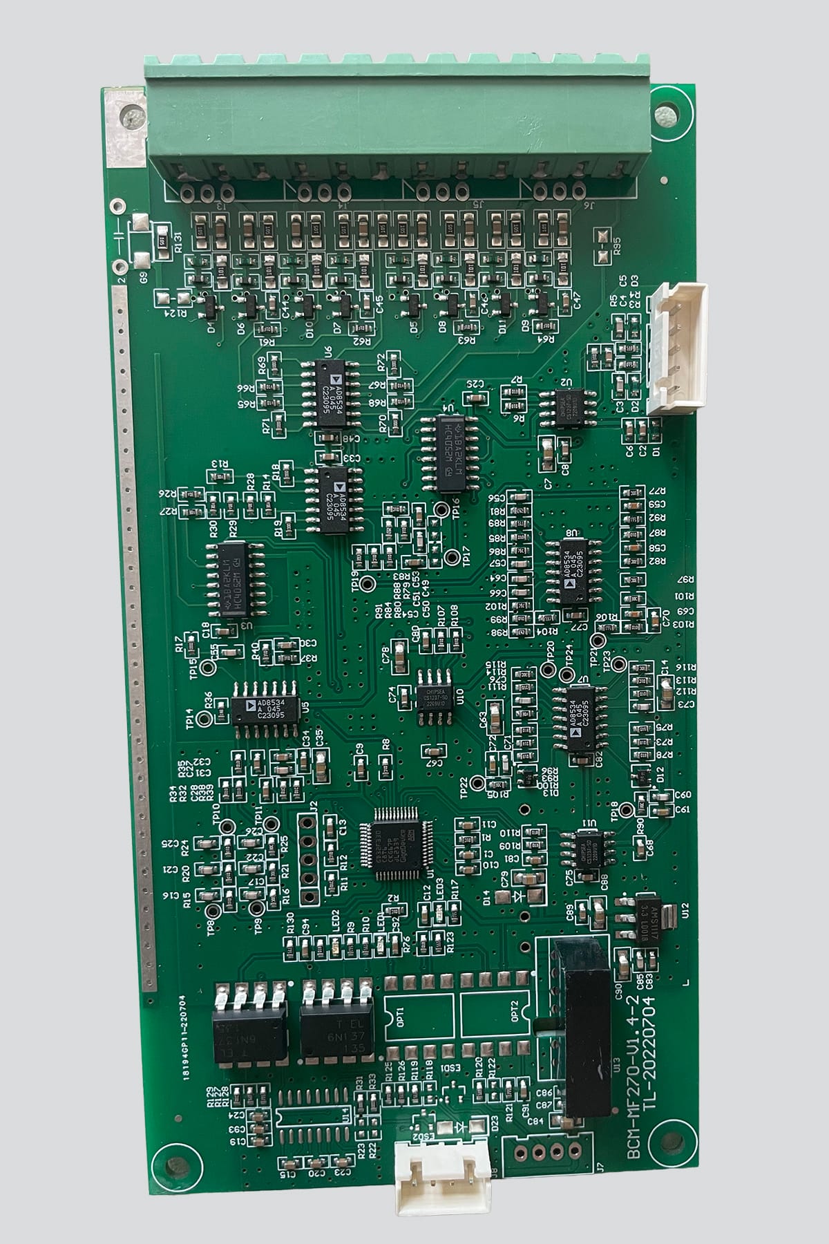 Front view of the iBodyinfo BCM-MF270 8-electrode dual-frequency BIA module, showcasing the core circuitry designed for commercial smart scales.