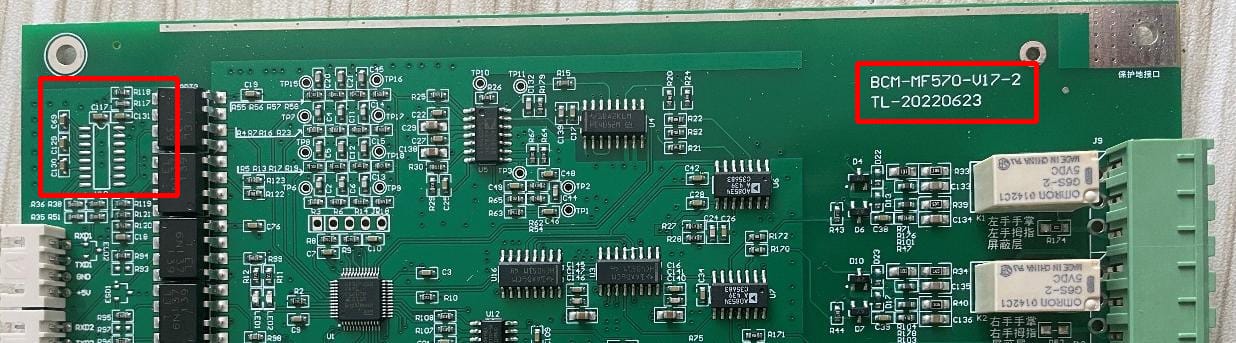 Close-up of the iBodyinfo BCM-MF570 V17-2 version PCB, showing the direct TTL level serial port interface area.